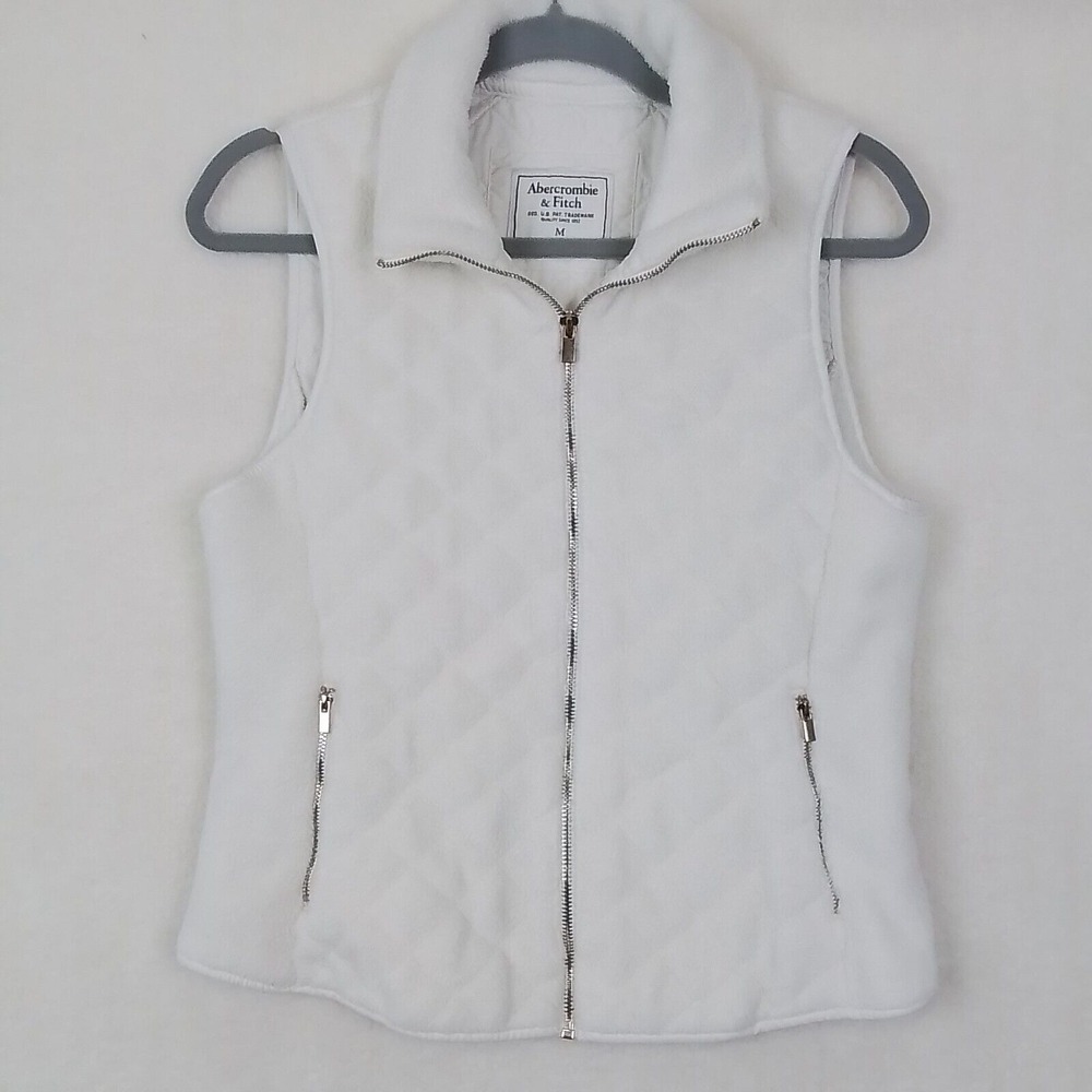 Abercrombie & Fitch Women's Medium White Fleece Lined Quilted Zip Vest True‎ Y2K